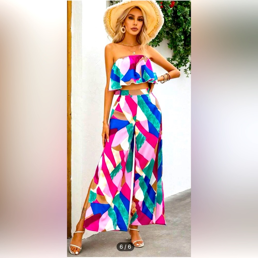 SHEIN VCAY Geo Print Tube Top & Split Thigh Pants